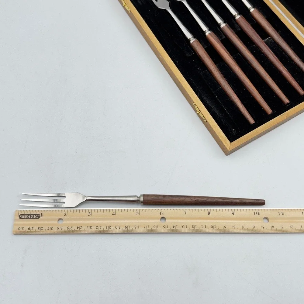 Vintage MCM Stainless Steel Wood Handle Dessert Fork Set of 6 Japan with Box‎